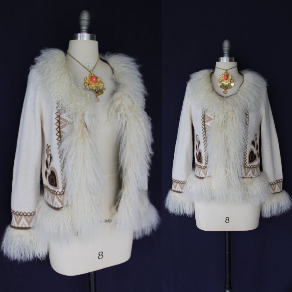 vintage Mongolian Curley lamb wool cardigan cowichan sweater jacket aplique M